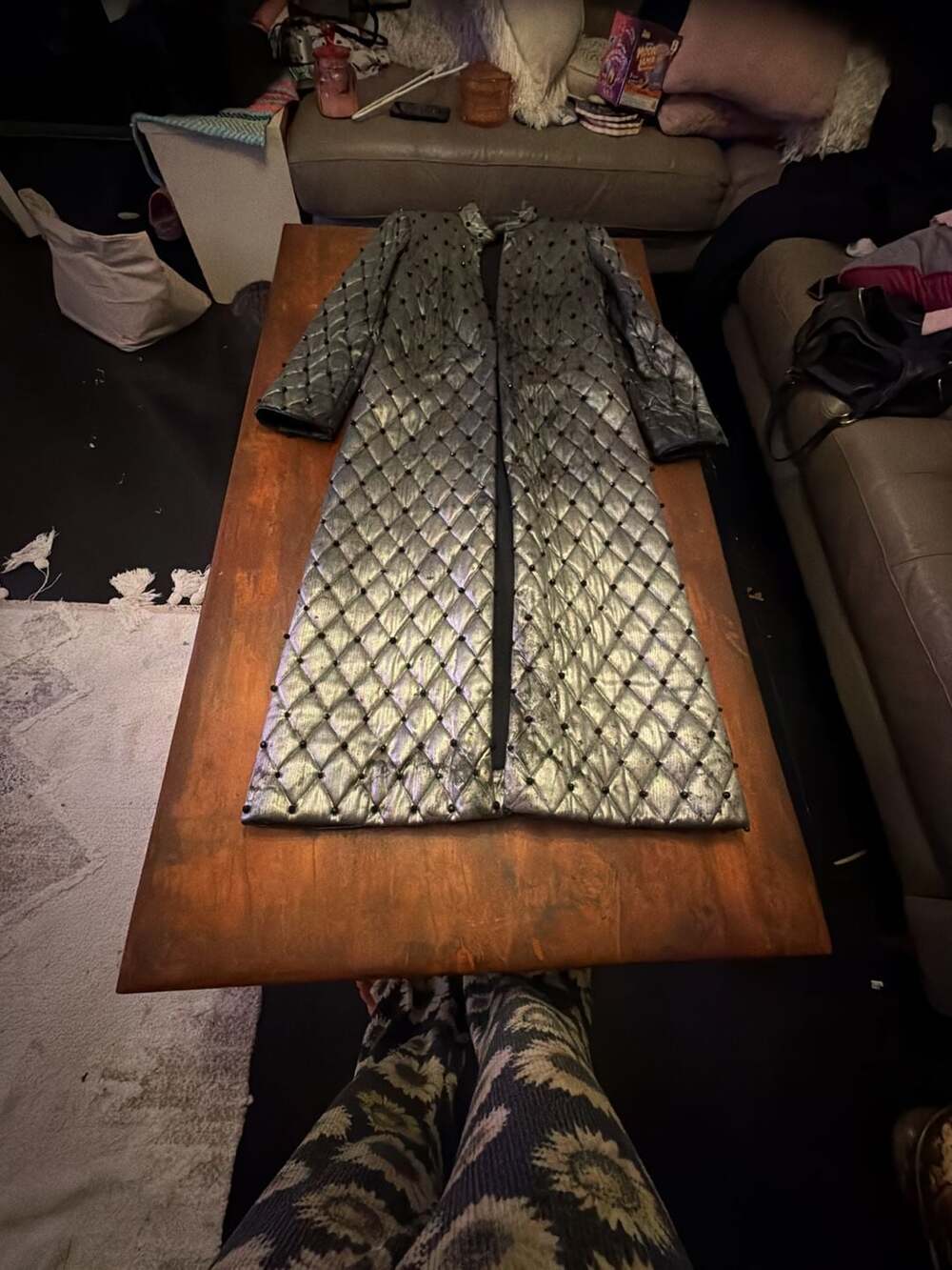 Vintage Metallic Silver Quilted Long Coat with Black Beaded Detail